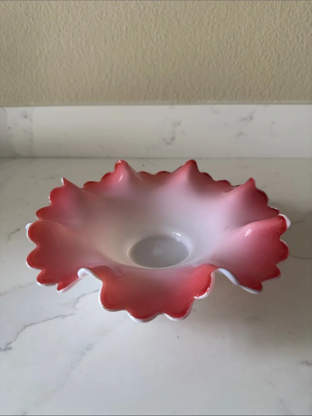 Vintage Cased Glass Cranberry Ruffled Wedding Bowl Ombre